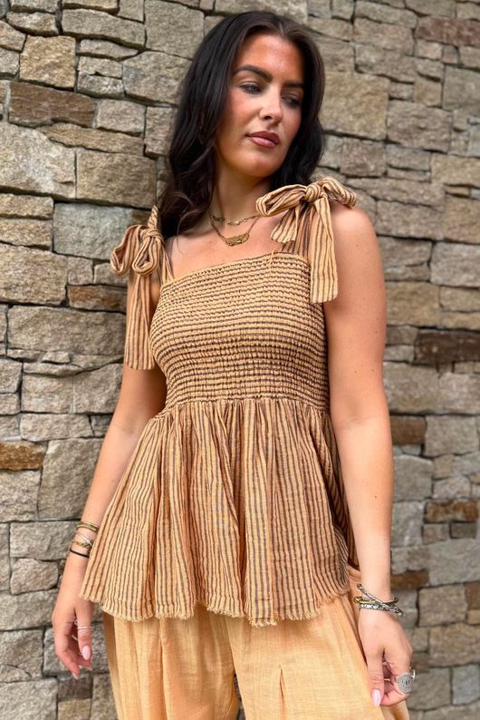 Sundaze Cheesecloth Chalk Stripe Tie Shoulder Top Tuscan Sun